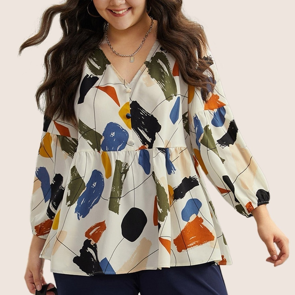 BloomChic Plus Size Brush Print Button Detail Elastic Cuffs Blouse